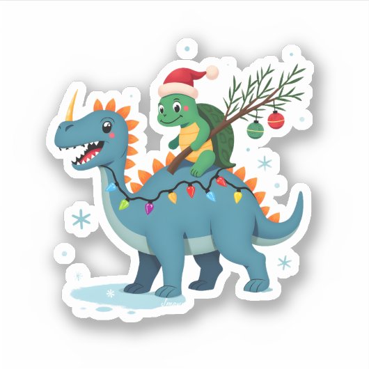Santa Turtle Riding T-Rex Reindeer Christmas Light シール (正面)