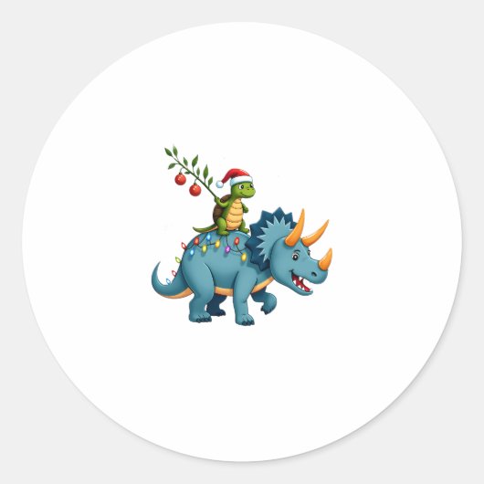 Santa Turtle Riding T-Rex Reindeer Christmas Light ラウンドシール (正面)