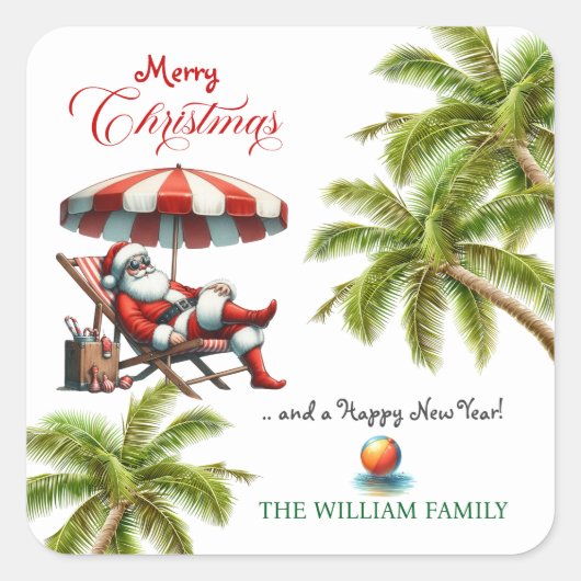 Santa under a Beach Umbrella Christmas スクエアシール (正面)