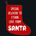 Santa White Redからの特別配送名 スモールクリスマスストッキング<br><div class="desc">Santa White Redからの特別配送名。サンタさんご自身の個人ストッキングから！Santaは星のモチーフと、あなたの子供の名前でパーソナライズできる文字の残りの部分とセットスクリプト内にある。</div>