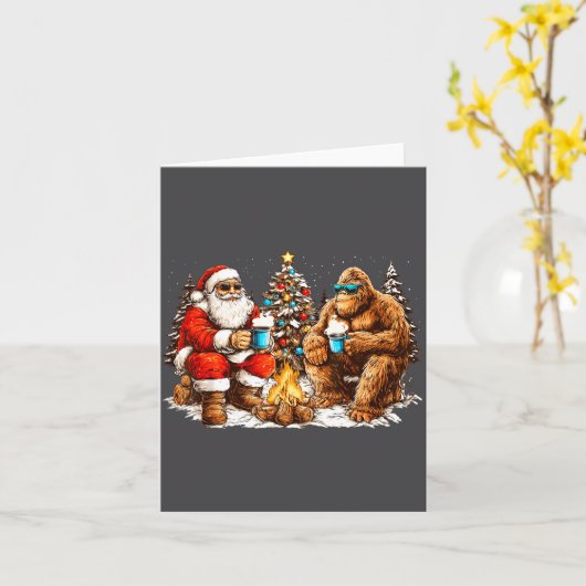 Santa With Bigfoot Christmas Campfire Funny Sasqua カード (黄色い花)