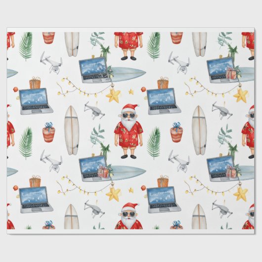Santa with computer and Surfboard on Christmas  ラッピングペーパー (フラット)