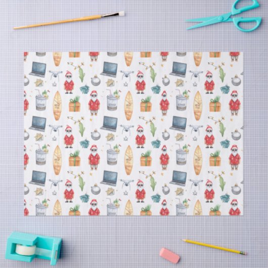 Santa with computer and Surfboard on Christmas  薄葉紙 (クラフト)