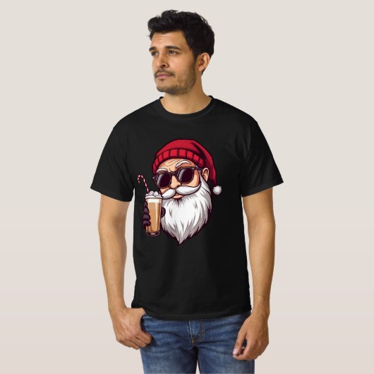 Santa with Iced Coffee – Modern Cool Christmas San Tシャツ (正面フル)