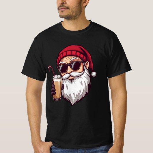 Santa with Iced Coffee – Modern Cool Christmas San Tシャツ (正面)