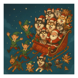 Santa with joyous pups and elves! フォトプリント           