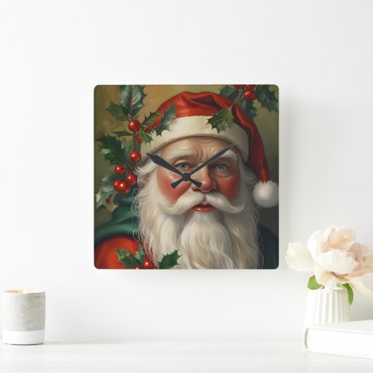 Santa With Mistletoe スクエア壁時計 (ホーム)
