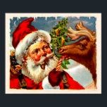 Santa with Reindeer ポスター<br><div class="desc">Decorate your wall with a charming vintage Christmas poster featuring Santa Claus feeding one of his reindeer with a candy cane.</div>