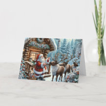 Santa with Reindeer Christmas Holiday Card