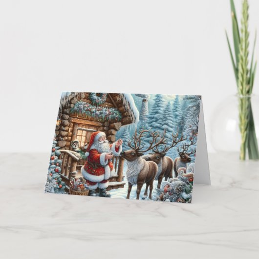 Santa with Reindeer Christmas Holiday Card シーズンカード (正面)