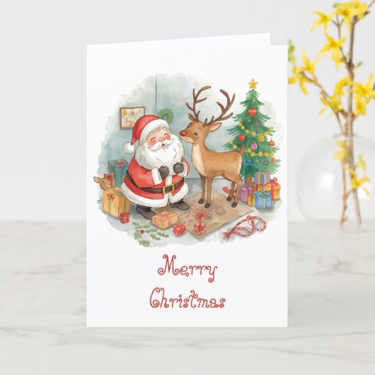 Santa with toys and reindeer & whimsical Christmas カード (黄色い花)