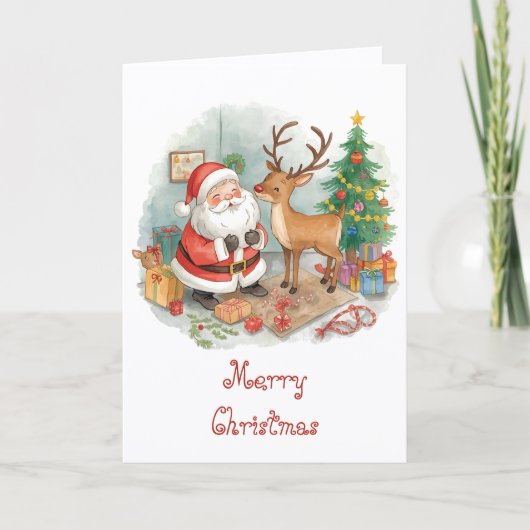 Santa with toys and reindeer & whimsical Christmas カード (正面)