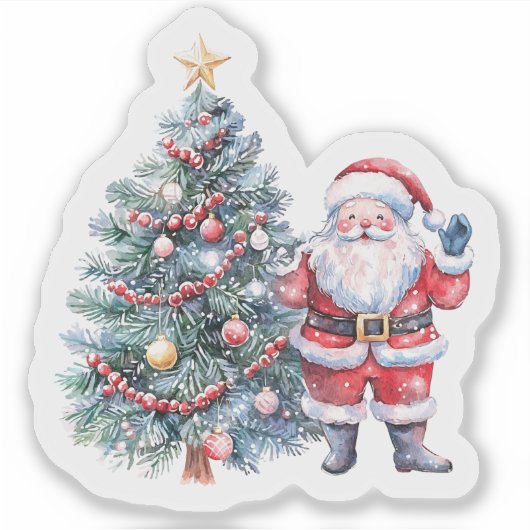 Santa With Tree in Snowy Scene シール (正面)