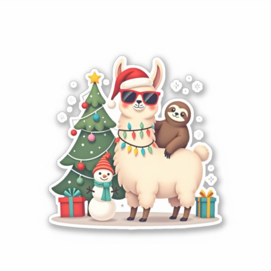 Santa Xmas Funny Llama Sloth Christmas (2) シール (正面)