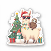 Santa Xmas Funny Llama Sloth Christmas (2) シール (正面)