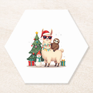 Santa Xmas Funny Llama Sloth Christmas (2) ペーパーコースター