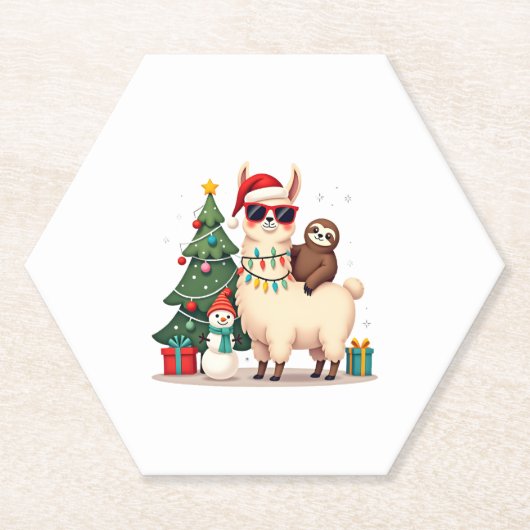 Santa Xmas Funny Llama Sloth Christmas (2) ペーパーコースター (正面)