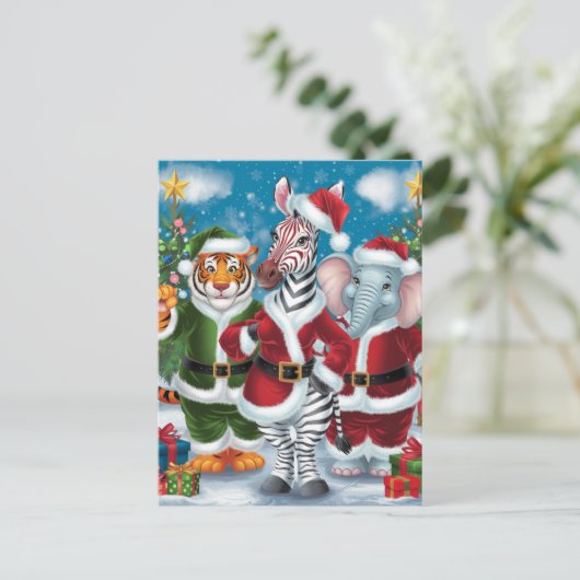 Santa Zebra,Tiger, and Elephant ポストカード (スタンド正面)