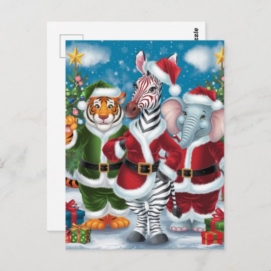Santa Zebra,Tiger, and Elephant ポストカード (正面/裏面)