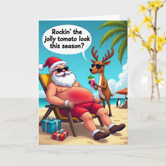 Santas Beach Day Funny Christmas Card カード (黄色い花)