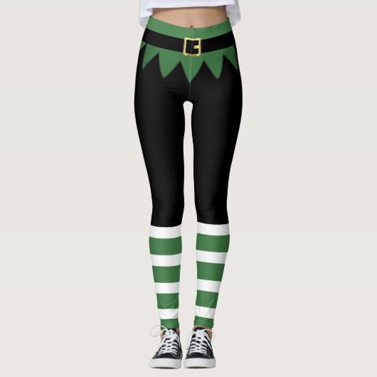 Santa's Elf Christmas Green Striped Black レギンス (正面)