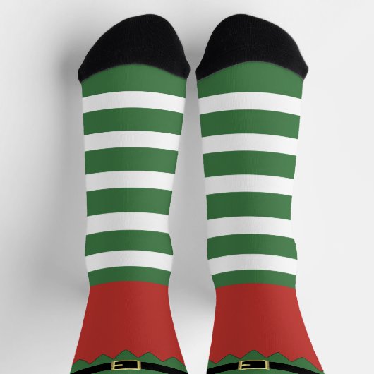 Santa's Elf Christmas Green Striped Red ソックス (上部)