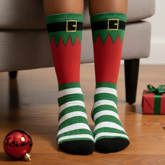 Santa's Elf Christmas Green Striped Red ソックス