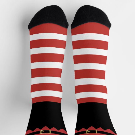 Santa's Elf Christmas Red Striped Black ソックス (上部)
