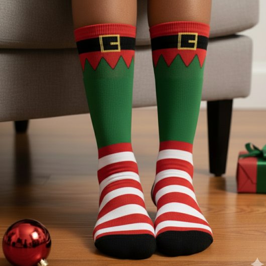 Santa's Elf Christmas Red Striped Green ソックス