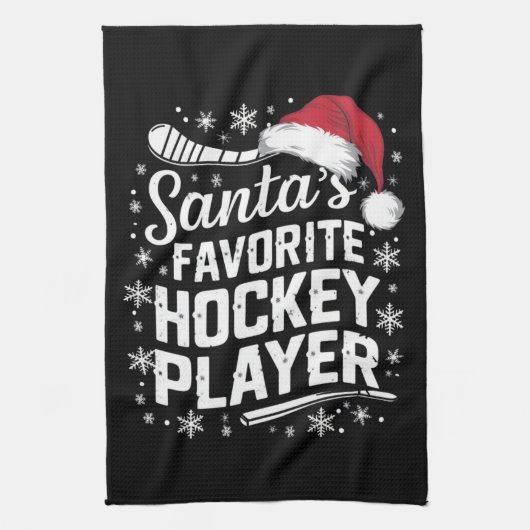 Santa's Favorite Hockey Player Pajama Christmas キッチンタオル (縦)