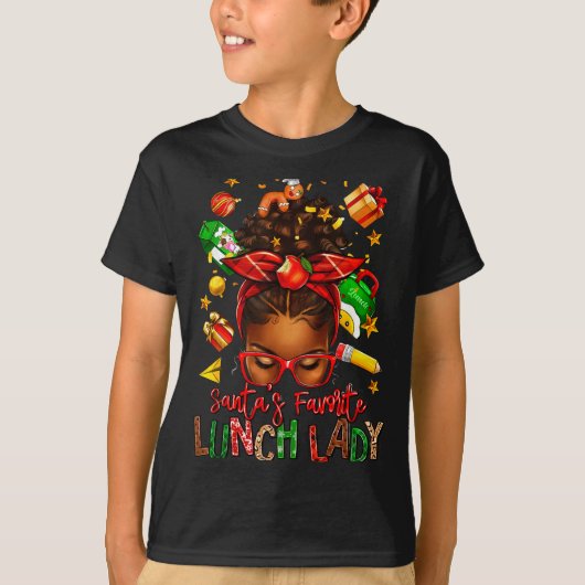 Santa's Favorite Lunch Lady Afro Messy Bun Woman C Tシャツ (正面)