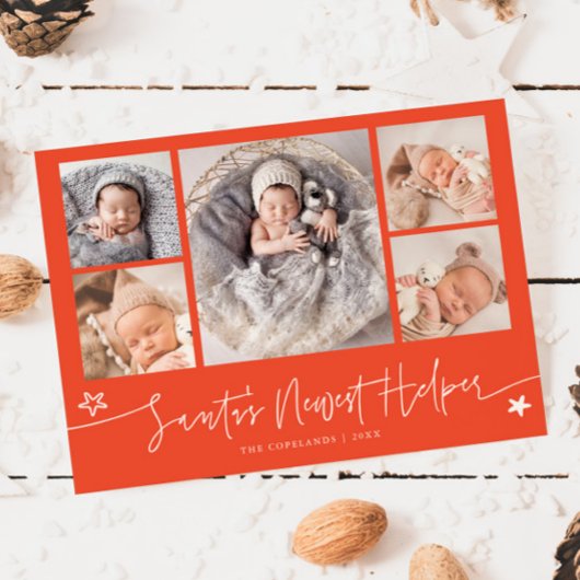 Santa's Helper Christmas Red Birth Announcement シーズンカード
