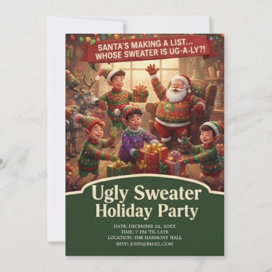 Santa's List Ugly Sweater Holiday Party Dramatic  招待状 (正面)