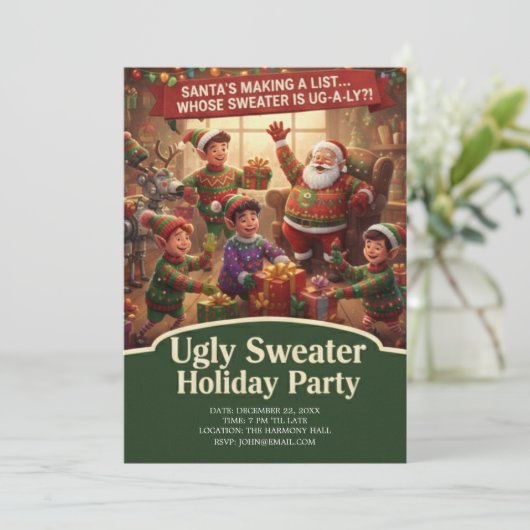 Santa's List Ugly Sweater Holiday Party Dramatic  招待状 (スタンド正面)