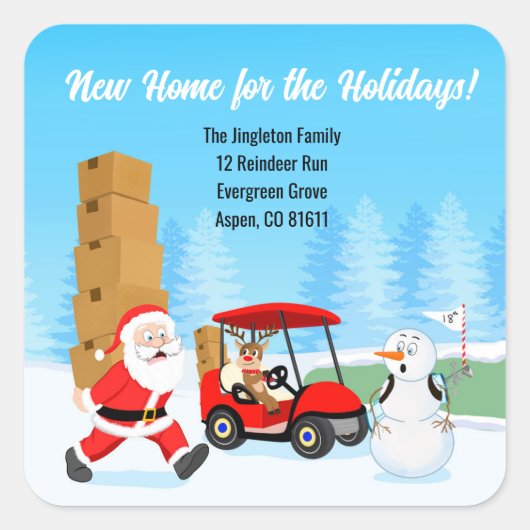 Santa's Moving Boxes with Reindeer on Golf Course スクエアシール (正面)