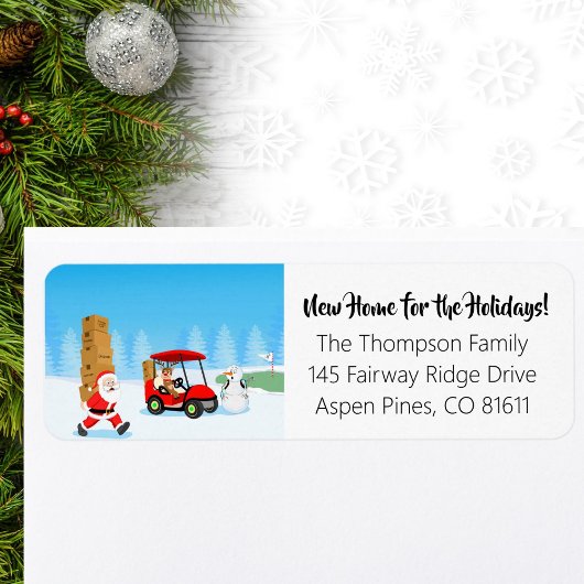 Santa's Moving Boxes with Reindeer on Golf Course ラベル