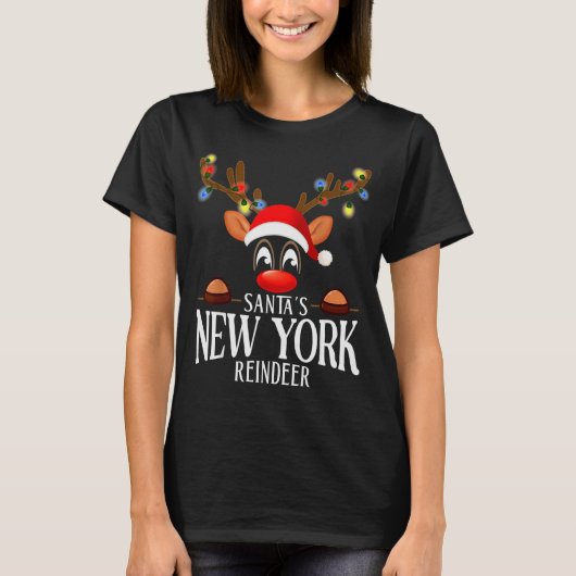 Santa's New York Reindeer Funny Xmas Matching Pjs  Tシャツ (正面)