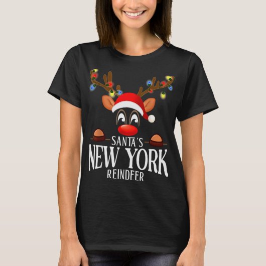 Santas New York Reindeer Funny Xmas Matching Pjs T Tシャツ (正面)
