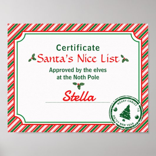 Santa's Nice List Certificate Red Green Candy Cane ポスター (正面)
