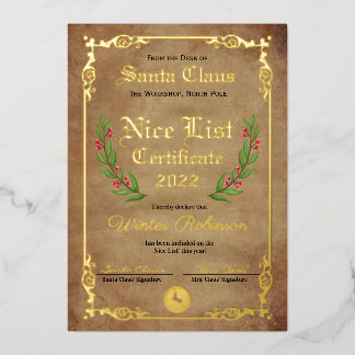Santa's Nice List Foil証明書 箔招待状