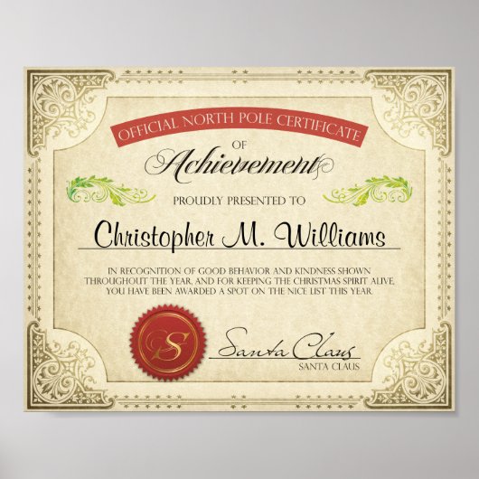Santa's Nice List Personalized Certificate, Letter ポスター (正面)