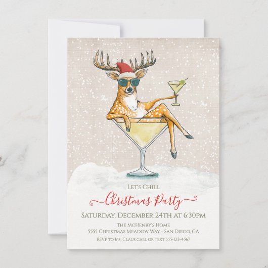 Santa's Reindeer Martini Cocktail Christmas Party 招待状 (正面)
