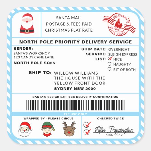 Santas Sleigh Christmas Shipping Label Sticker スクエアシール (正面)