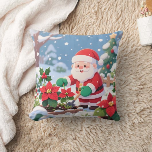 Santa's Snowy Poinsettia Garden クッション (ブランケット)