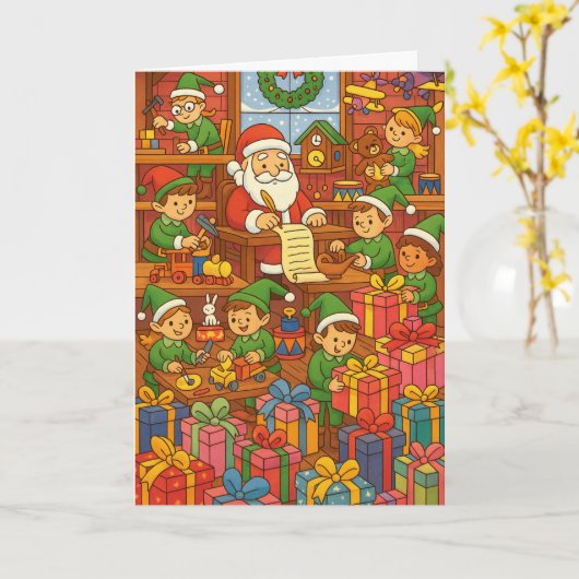 Santa's Workshop Busy Elves Custom Christmas カード (黄色い花)