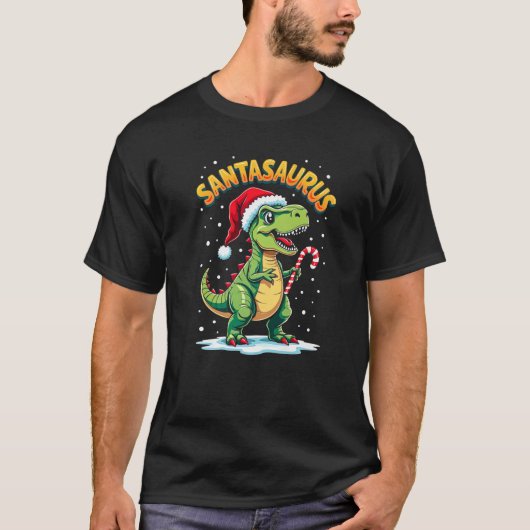 Santasaurus Rex Funny Dinosaur xmas Santa Hat Cand Tシャツ (正面)