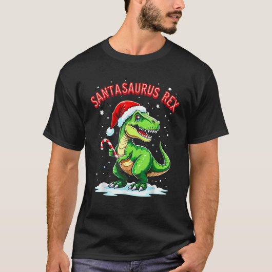 Santasaurus Rex Funny Dinosaur xmas Santa Hat Cand Tシャツ (正面)