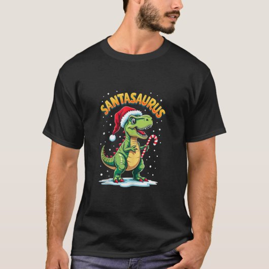 Santasaurus Rex Funny Dinosaur xmas Santa Hat Cand Tシャツ (正面)