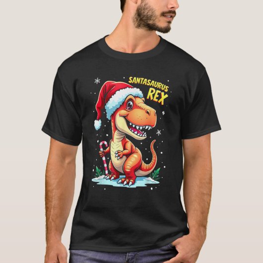 Santasaurus Rex Funny Dinosaur xmas Santa Hat Cand Tシャツ (正面)