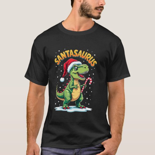 Santasaurus Rex Funny Dinosaur xmas Santa Hat Cand Tシャツ (正面)